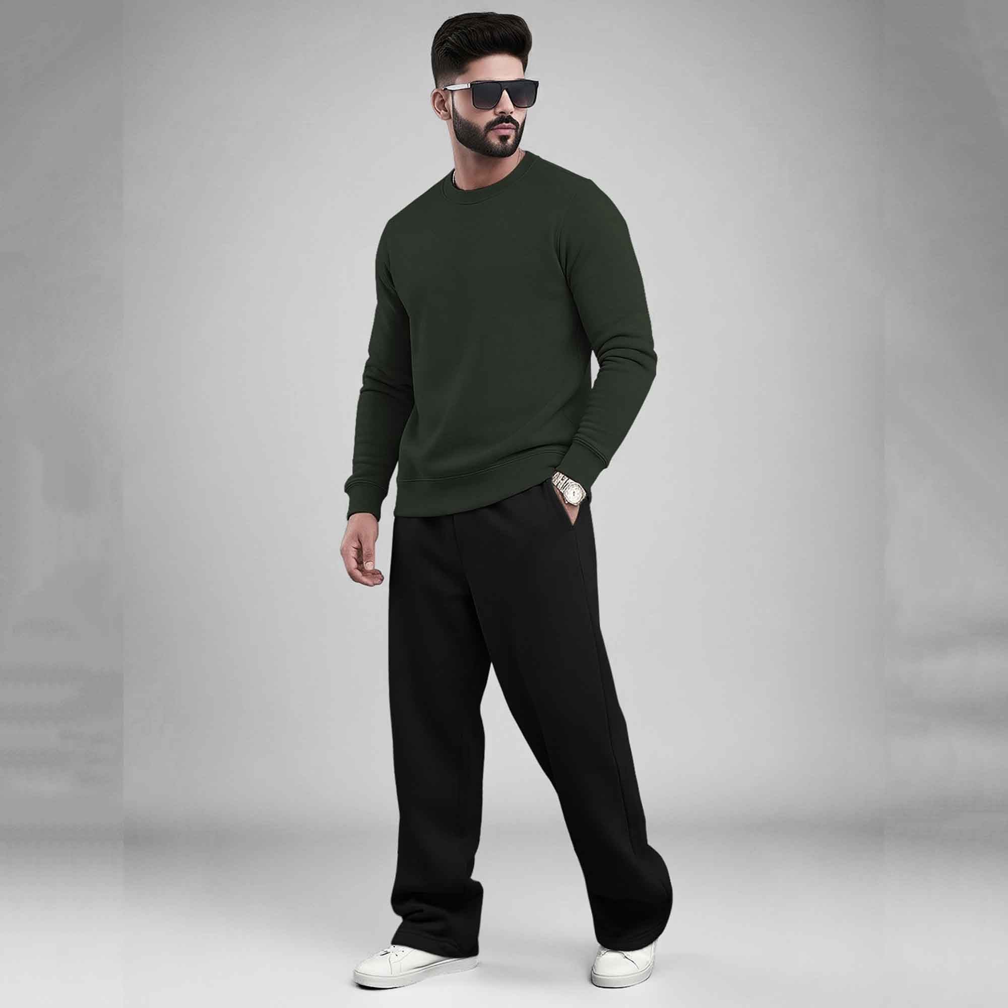 Olive Green Round Neck Sweatshirt and Black Baggy Cargo Tracksuit