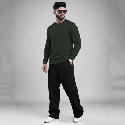 Olive Green Round Neck Sweatshirt and Black Baggy Cargo Tracksuit