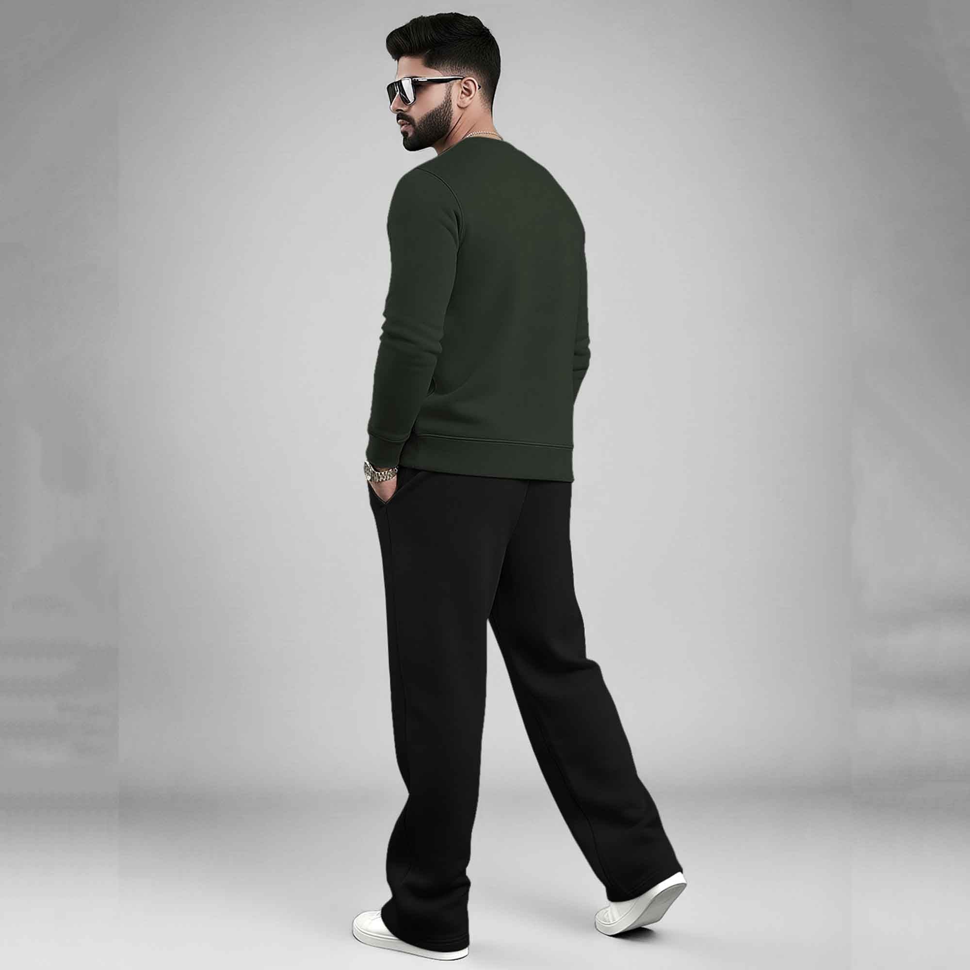 Olive Green Round Neck Sweatshirt and Black Baggy Cargo Tracksuit