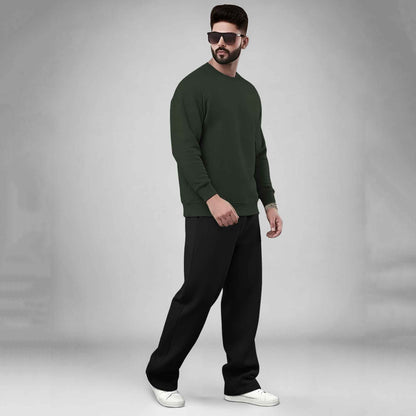 Olive Green Round Neck Sweatshirt and Black Baggy Cargo Tracksuit