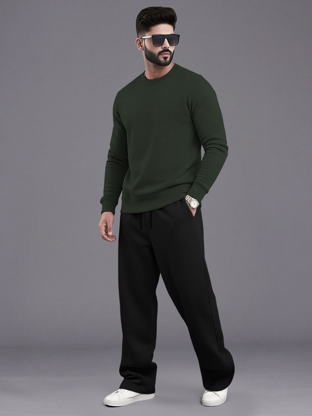 Tracksuit Men Round Neck Plain Sweatshirt & Loose Fit Plain Trackpants