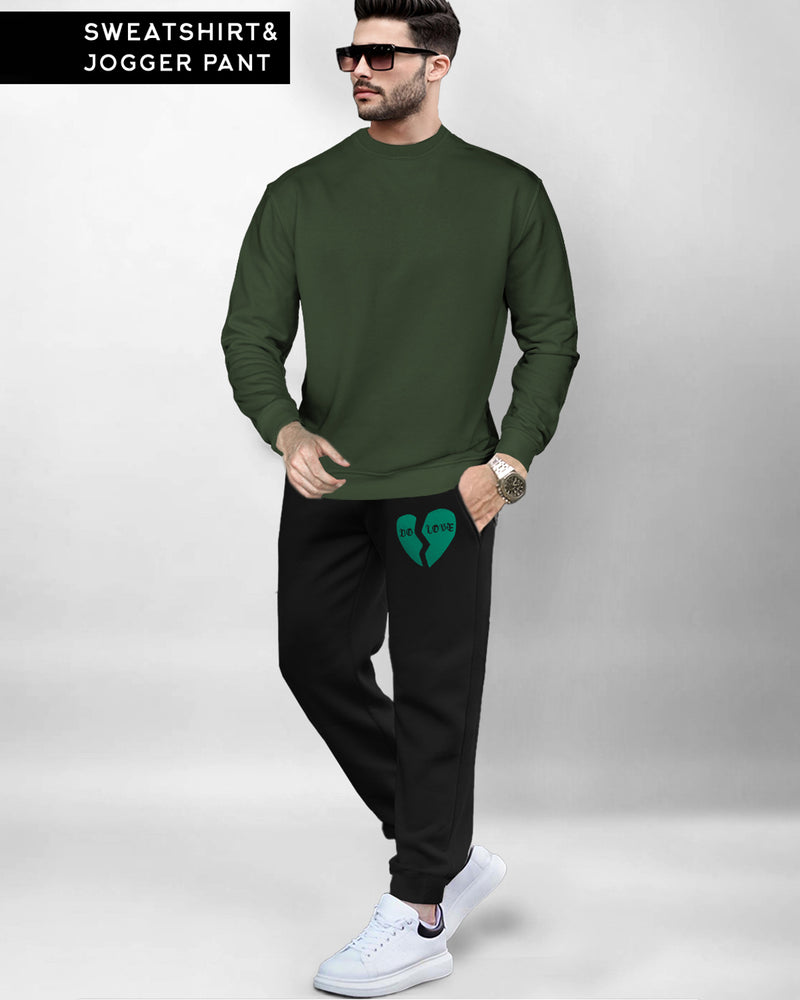 Men Winter Tracksuit - OliveGreen Sweatshirt & Black Track Pant