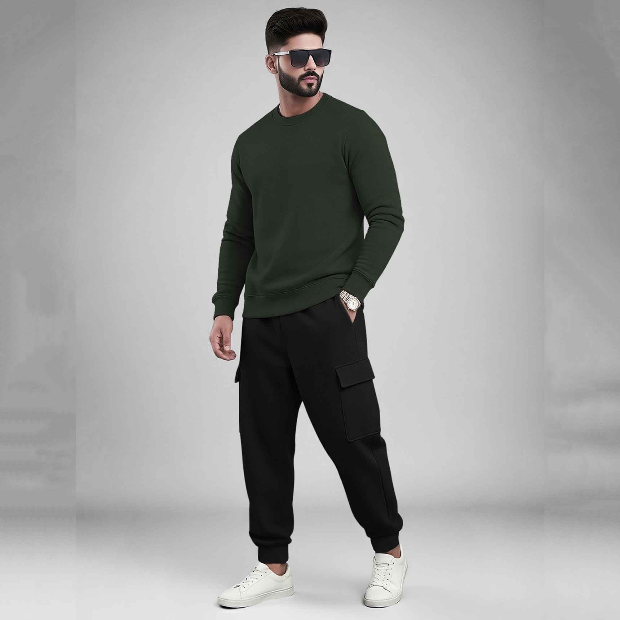 Plain Round Neck Sweatshirts and Cargo Joggers Outfit Sets with 5 Variants