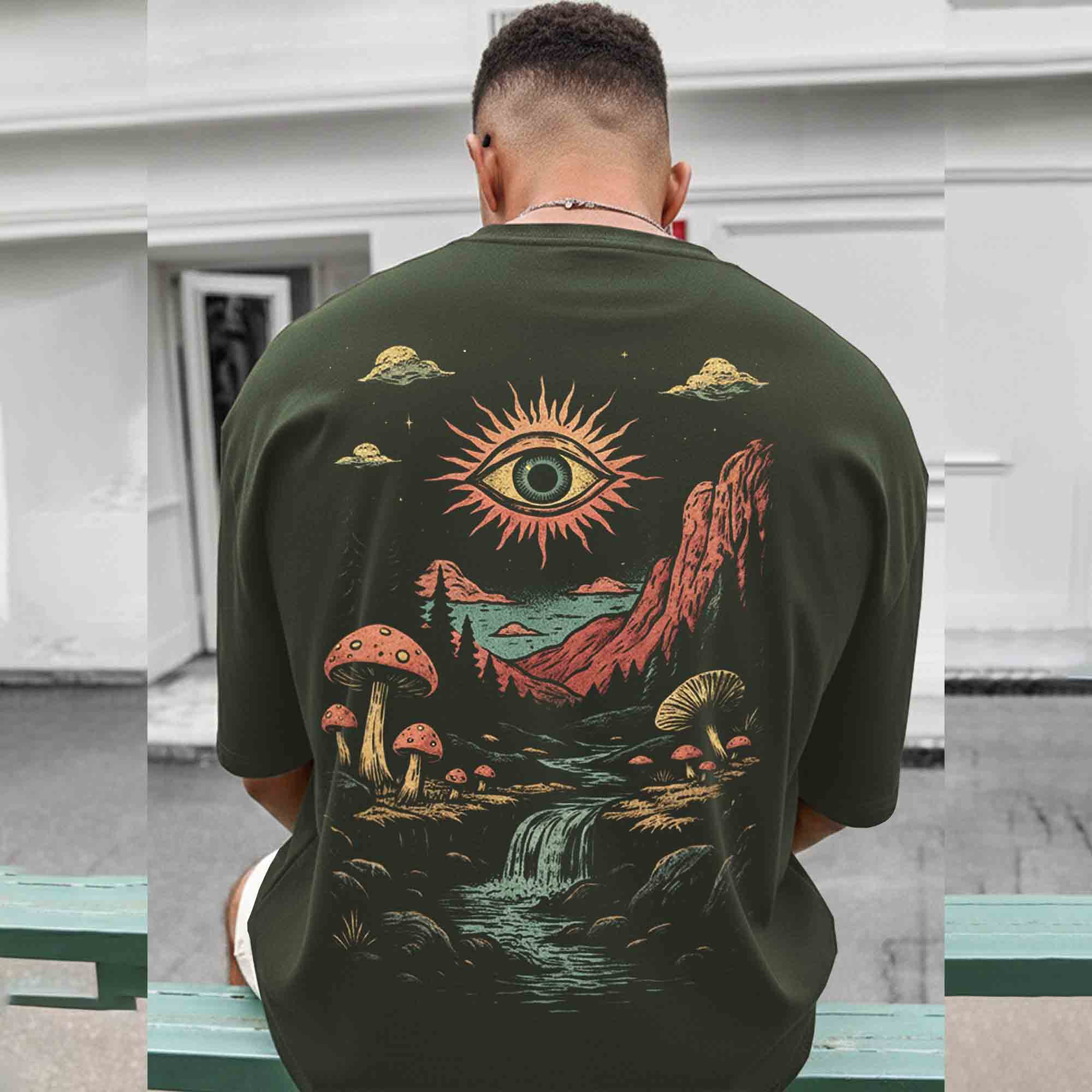 Men Back Printed Loose Fit Baggy Tshirt Olivegreen