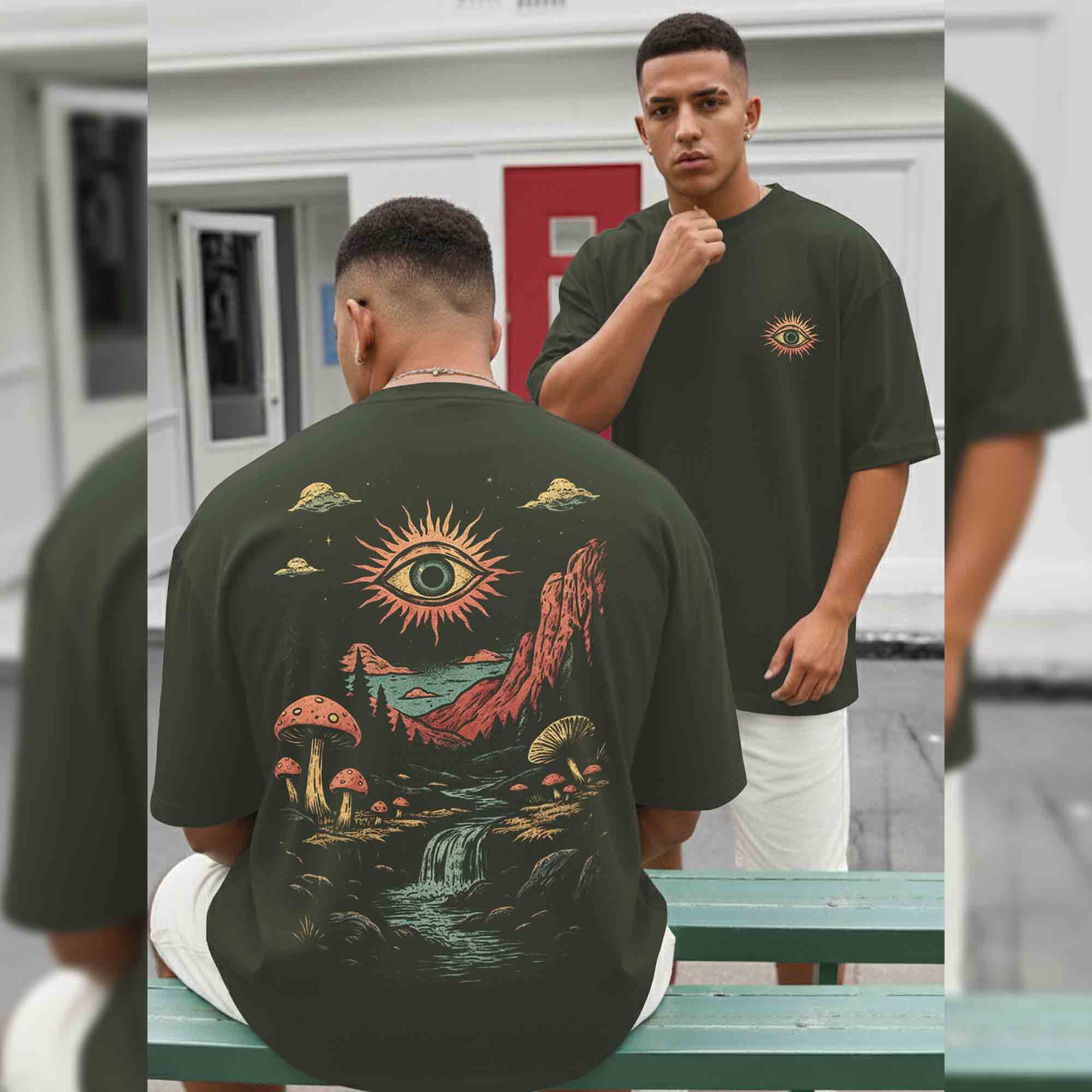 Men Back Printed Loose Fit Baggy Tshirt Olivegreen