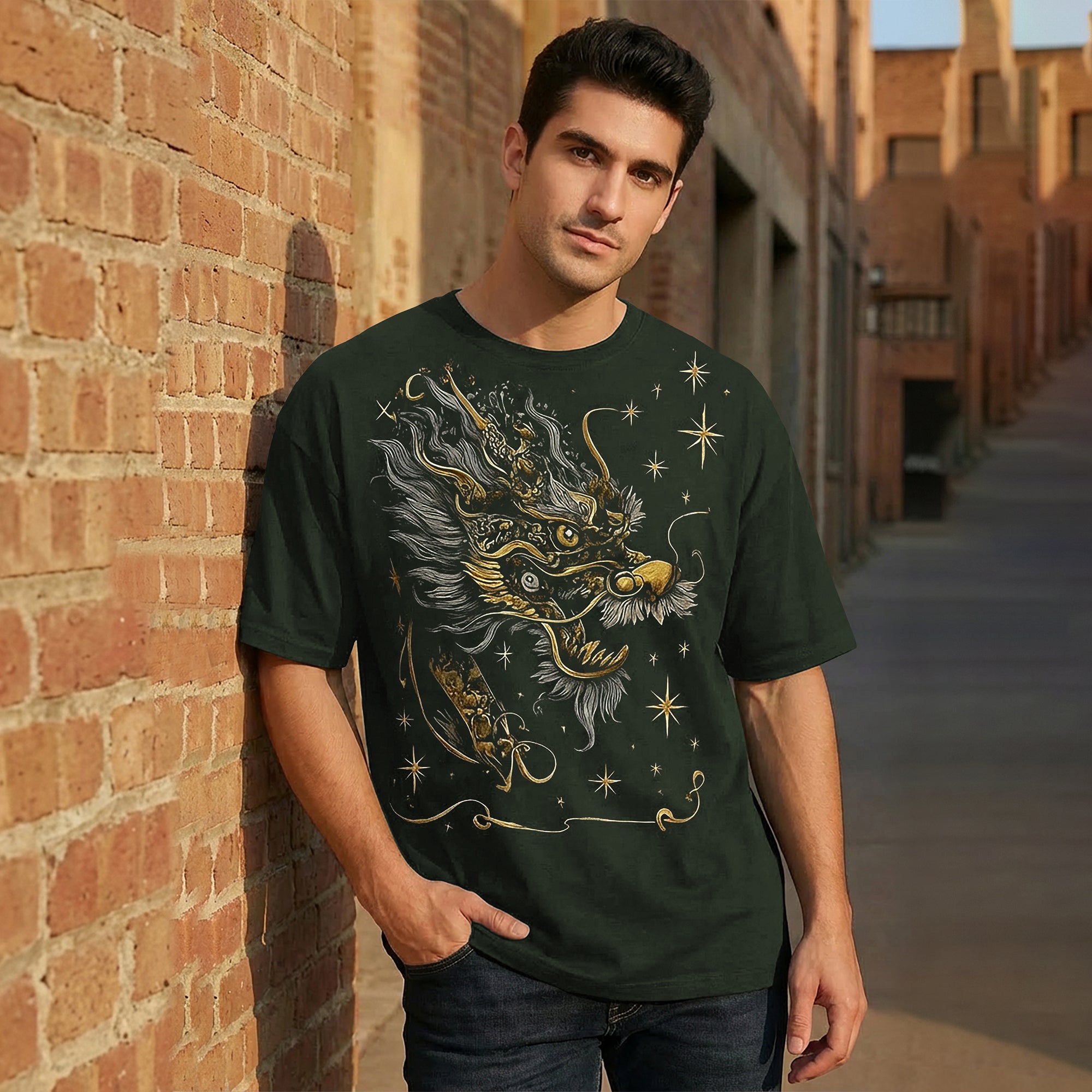 Japanese Dragon Printed Oversized Black T-shirt