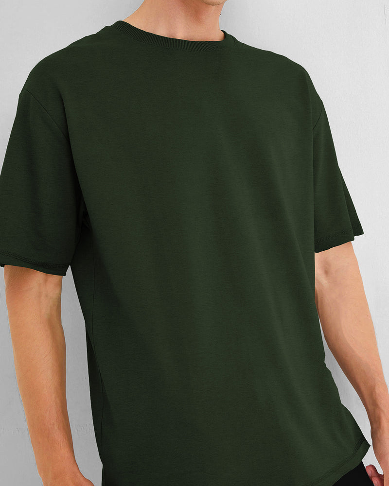 Mens Round Neck Solid Over Size T-shirt / Olive Green