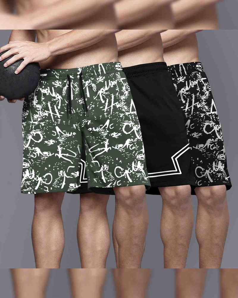 (Pack Of 3) Men Printed Shorts / Olive & Black