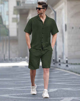 WAFFLE PLAIN TEXTURED SHIRT WITH SHORT / OLIVE GREEN