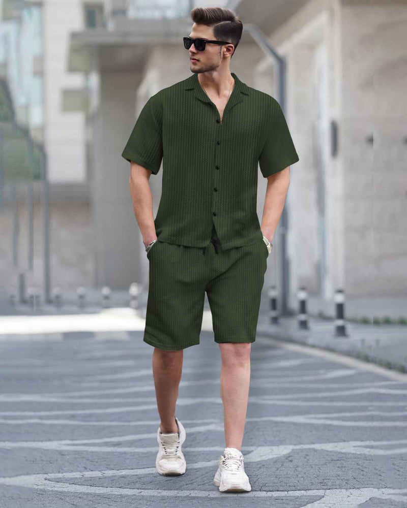 WAFFLE PLAIN TEXTURED SHIRT WITH SHORT / OLIVE GREEN