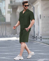 WAFFLE PLAIN TEXTURED SHIRT WITH SHORT / OLIVE GREEN