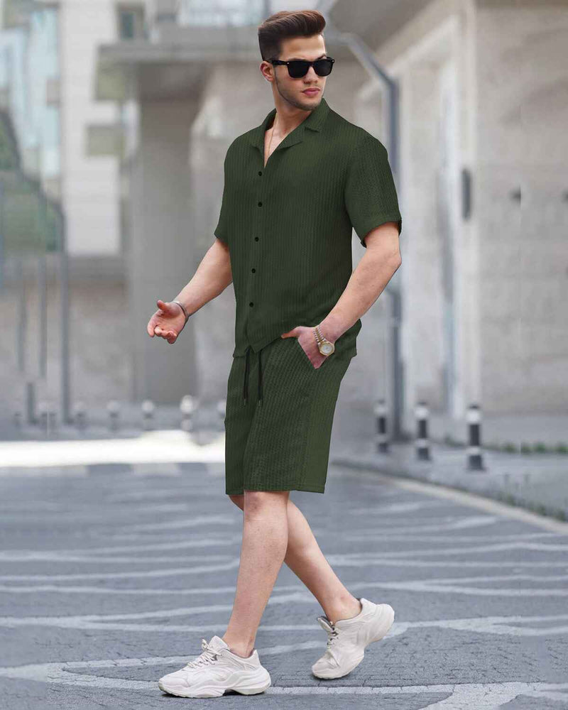 WAFFLE PLAIN TEXTURED SHIRT WITH SHORT / OLIVE GREEN