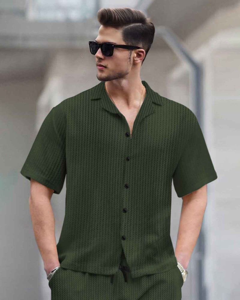 WAFFLE PLAIN TEXTURED SHIRT WITH SHORT / OLIVE GREEN