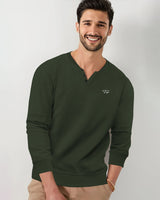 Men Solid Olive Green V-Neck Non-hooded Sweatshirt