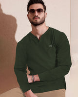 Men Solid Olive Green V-Neck Non-hooded Sweatshirt