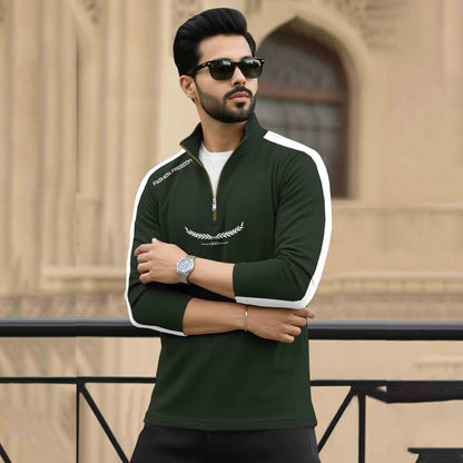 Men Full Sleeve Round Neck Cotton Blend Olivegreen-White T-shirt