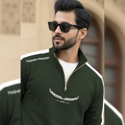 Men Full Sleeve Round Neck Cotton Blend Olivegreen-White T-shirt