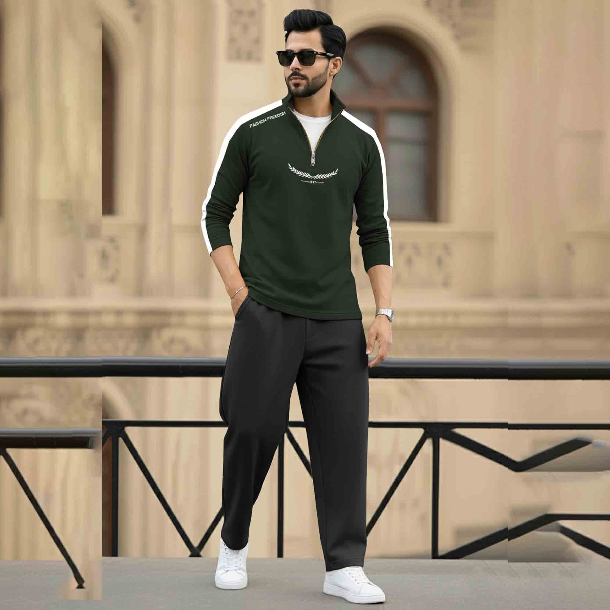 Men Full Sleeve Round Neck Cotton Blend Olivegreen-White T-shirt