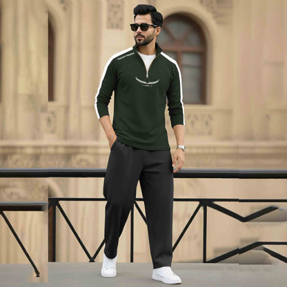 Men Full Sleeve Round Neck Cotton Blend Olivegreen-White T-shirt