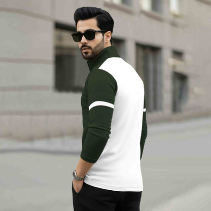 Men Full Sleeve High Neck Arm Striped Pause Printed T-shirt Olivegreen