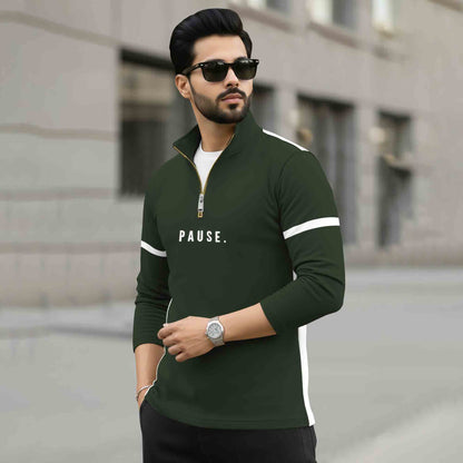 Men Full Sleeve High Neck Arm Striped Pause Printed T-shirt Olivegreen