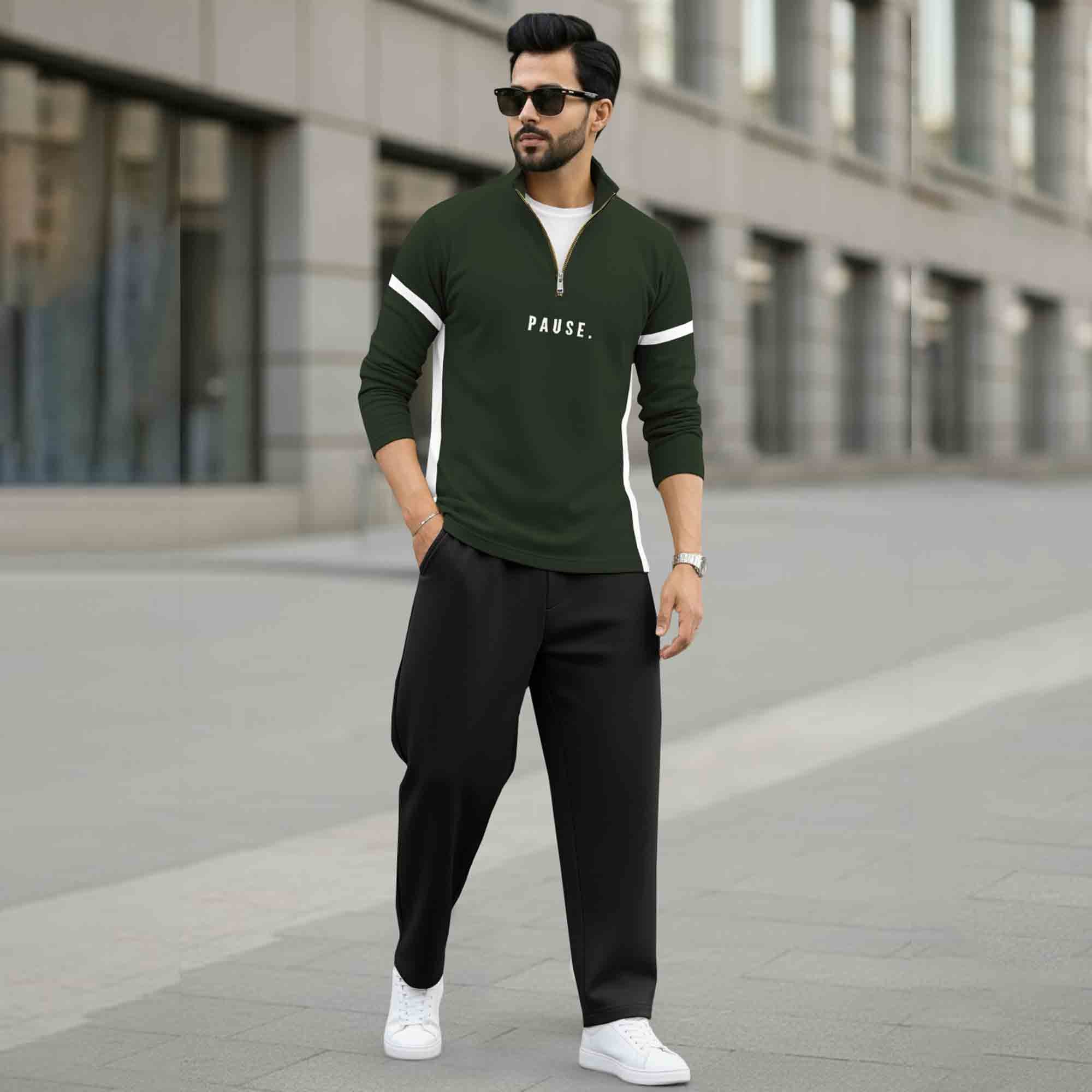 Men Full Sleeve High Neck Arm Striped Pause Printed T-shirt Olivegreen