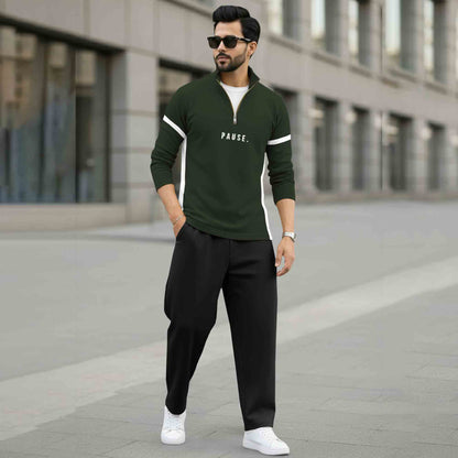 Men Full Sleeve High Neck Arm Striped Pause Printed T-shirt Olivegreen