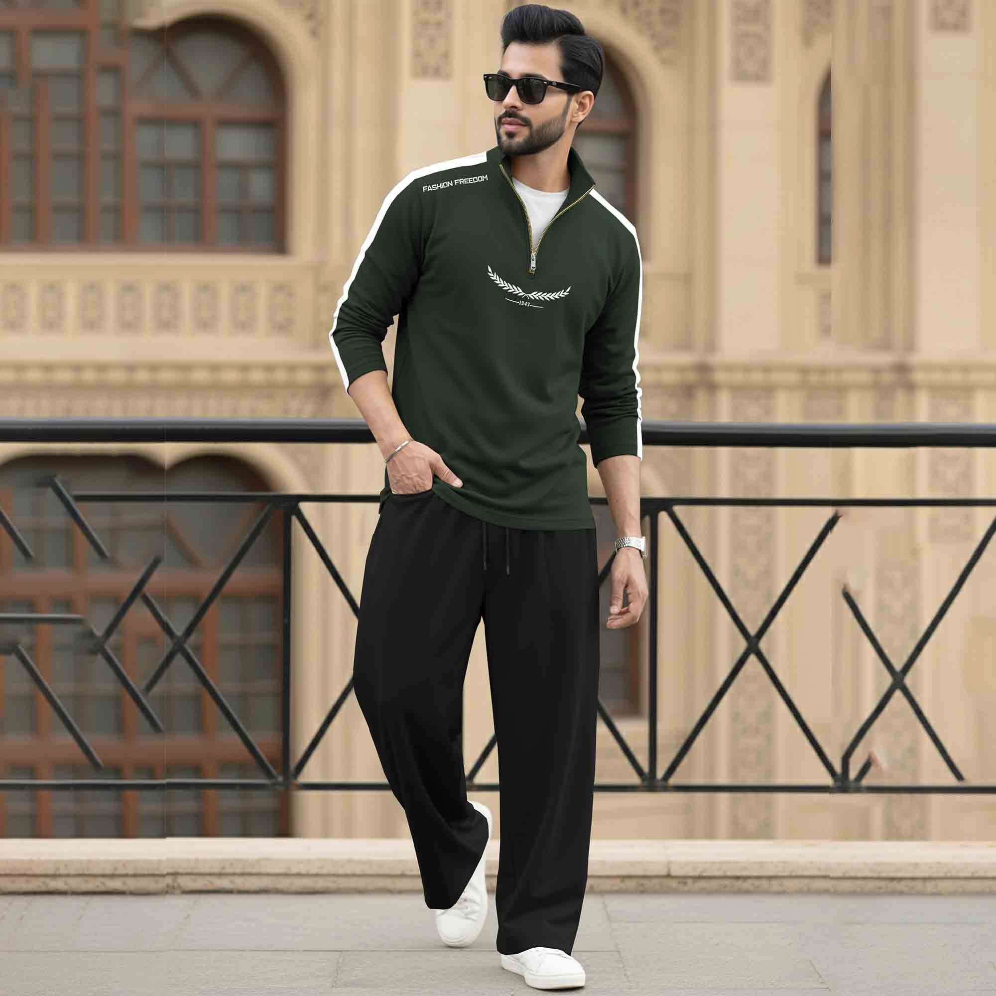 Men Tracksuit - High Neck Full Sleeve Printed T shirts & Plain Baggy pants- 15 Variants