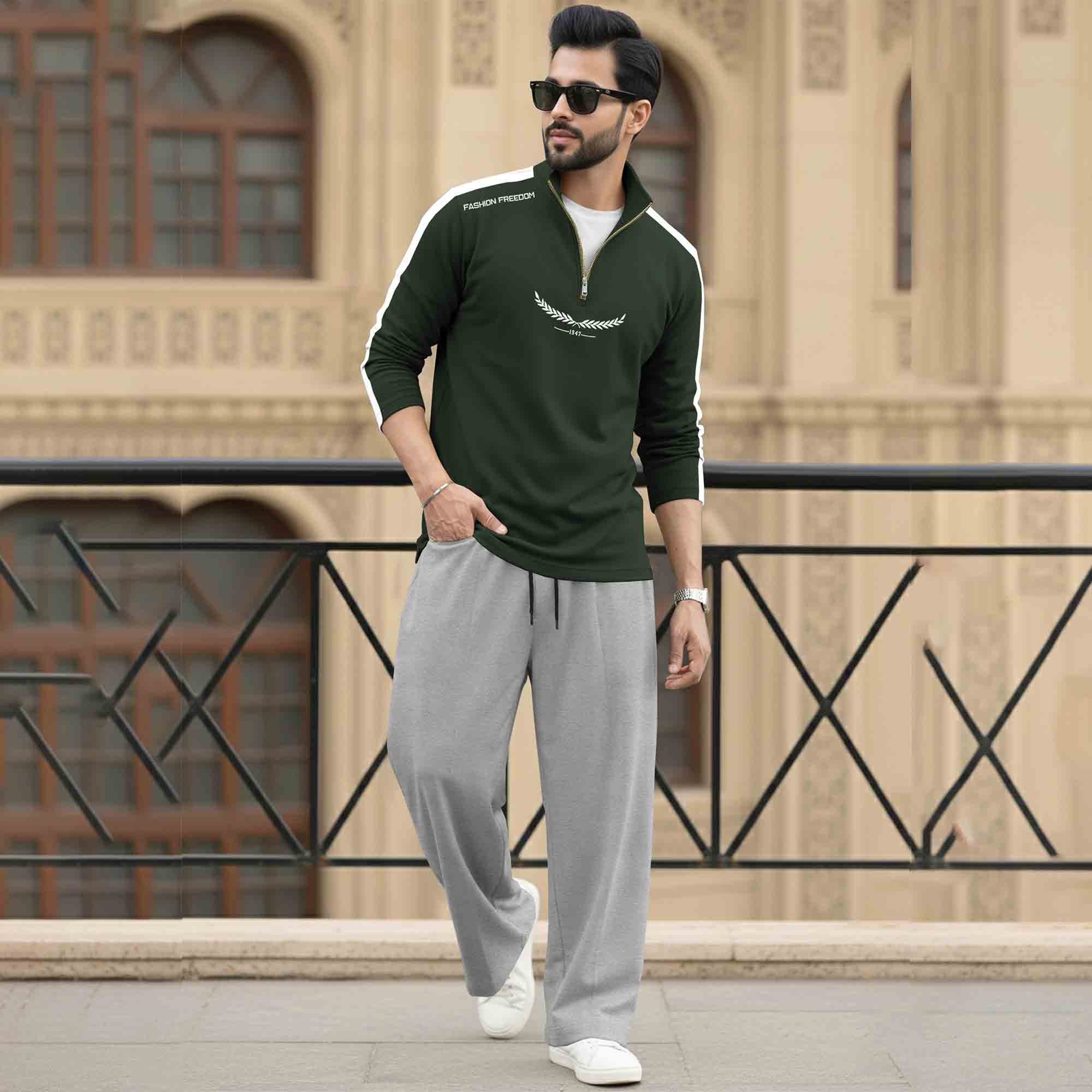Men Tracksuit - High Neck Full Sleeve Printed T shirts & Plain Baggy pants- 15 Variants