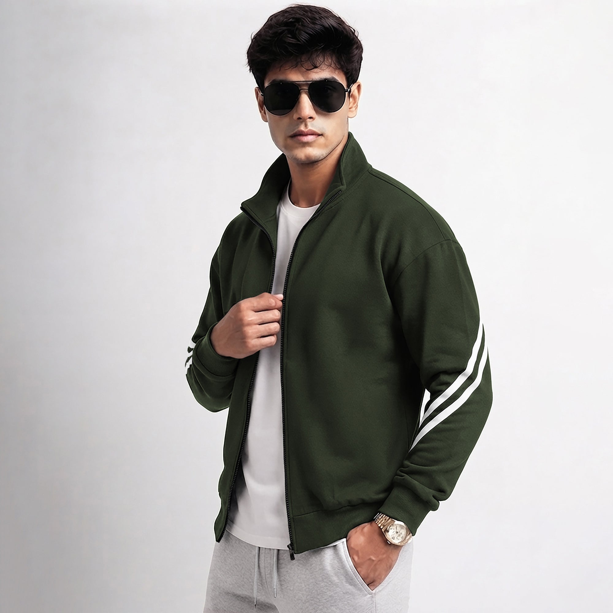 Mens High Neck Color Blocked Winter Jacket Olivegreen