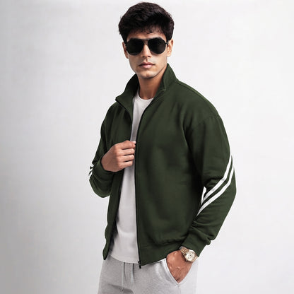 Mens High Neck Color Blocked Winter Jacket Olivegreen