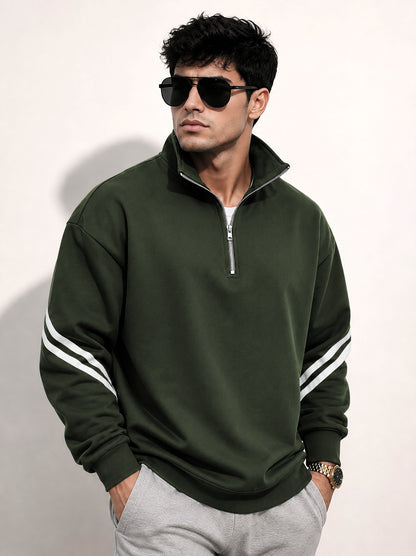 Mens Contrast Stripe Full Sleeve Pullover Sweatshirt Olivegreen