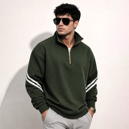 Mens Contrast Stripe Full Sleeve Pullover Sweatshirt Olivegreen
