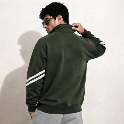 Mens Contrast Stripe Full Sleeve Pullover Sweatshirt Olivegreen