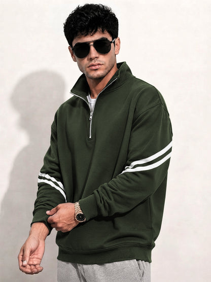 Mens Contrast Stripe Full Sleeve Pullover Sweatshirt Olivegreen