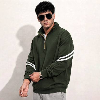 Mens Contrast Stripe Full Sleeve Pullover Sweatshirt Olivegreen