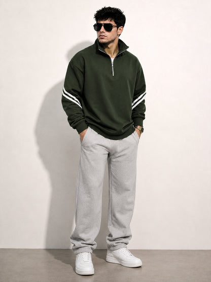 Mens Contrast Stripe Full Sleeve Pullover Sweatshirt Olivegreen