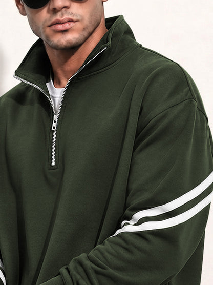 Mens Contrast Stripe Full Sleeve Pullover Sweatshirt Olivegreen