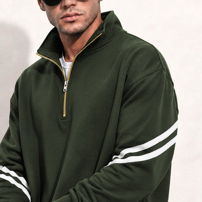 Mens Contrast Stripe Full Sleeve Pullover Sweatshirt Olivegreen