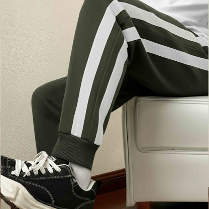 Men White Striped Cuffed ankle Olivegreen  Track Pant