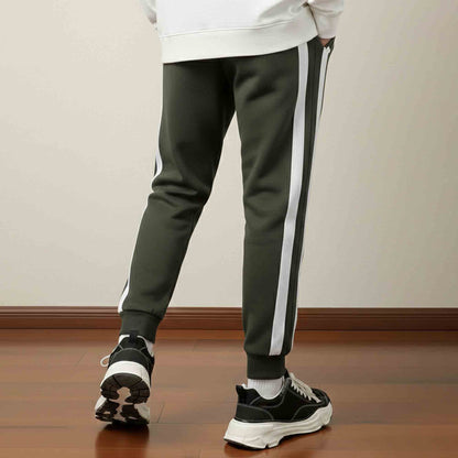 Men White Striped Cuffed ankle Olivegreen  Track Pant