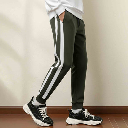 Men White Striped Cuffed ankle Olivegreen  Track Pant