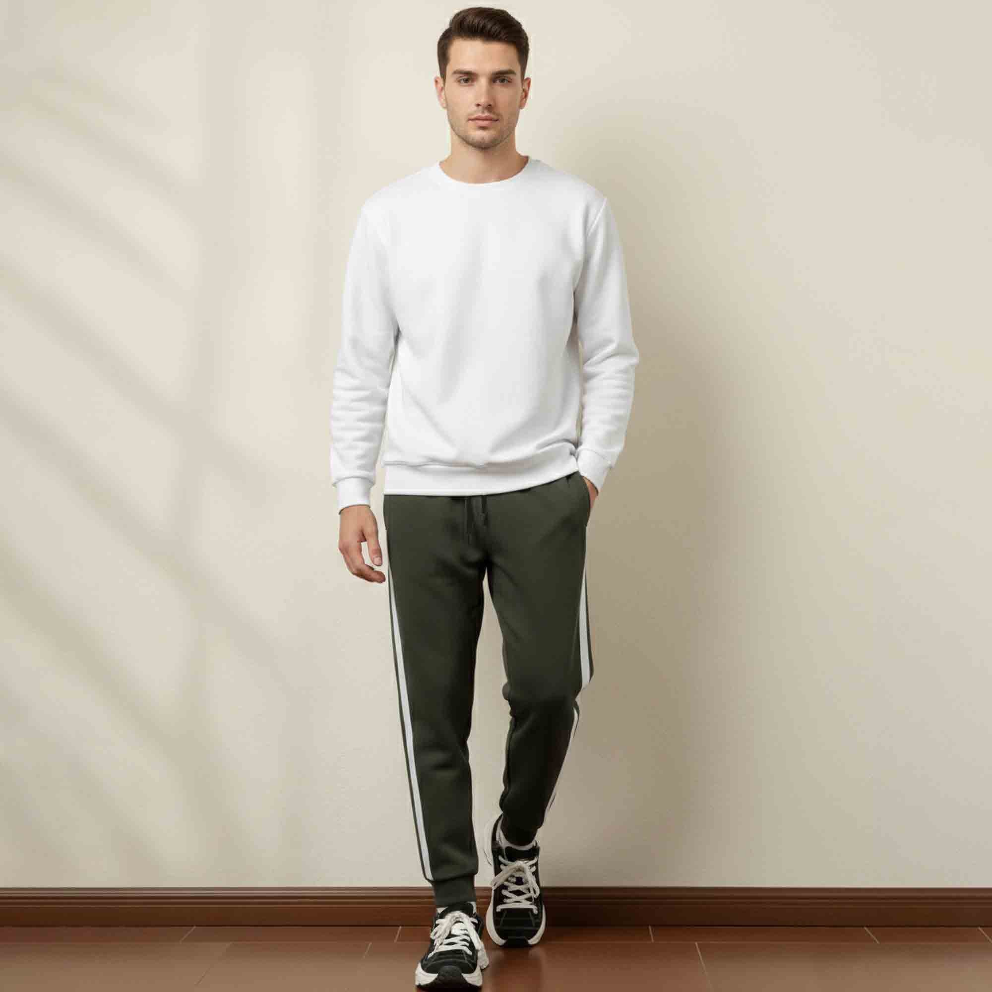Men White Striped Cuffed ankle Olivegreen  Track Pant