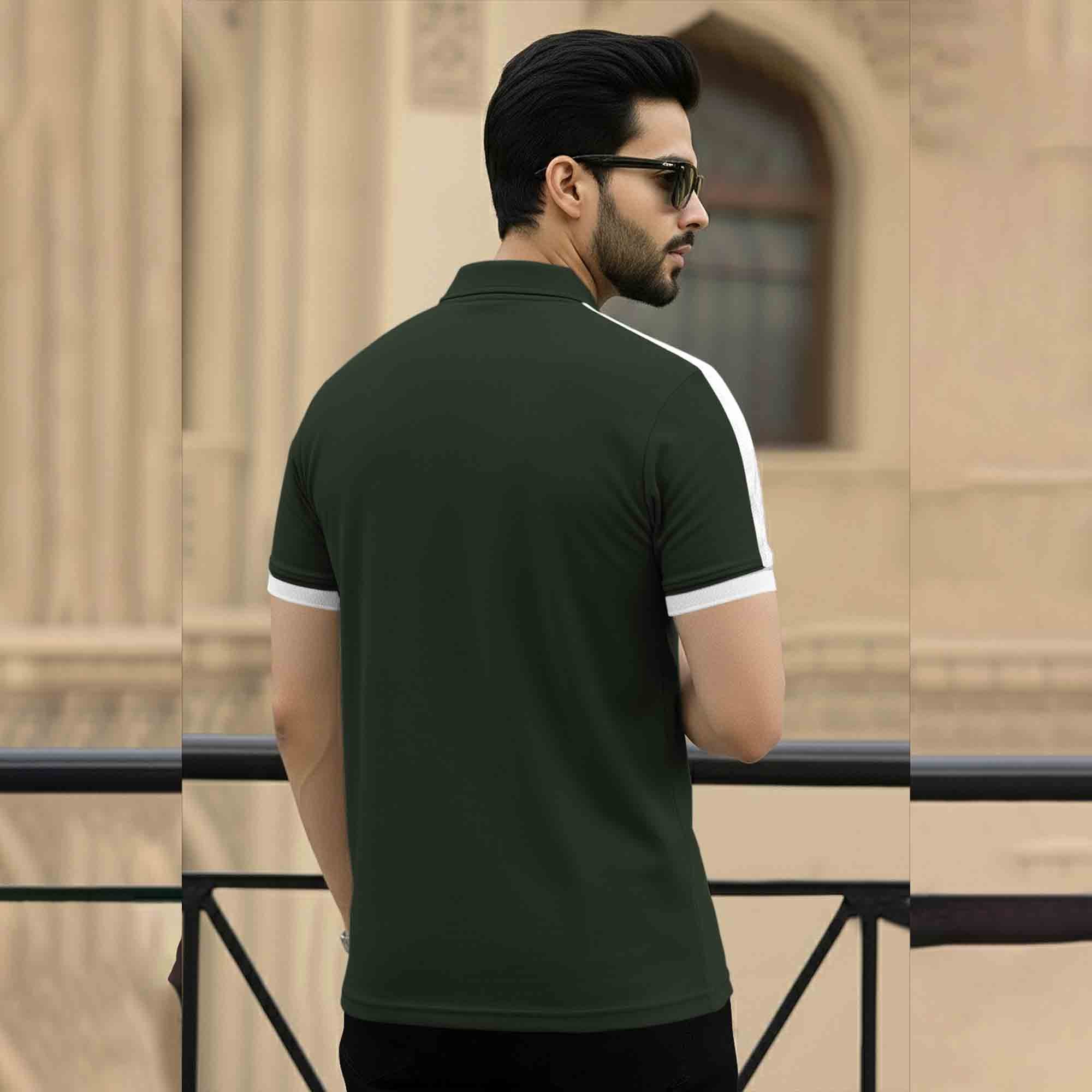 Men Quarter Zip Polo Neck Half Sleeve T-SHIRT Olivegreen & White