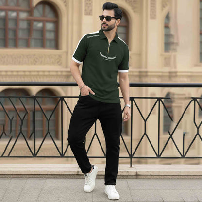 Men Quarter Zip Polo Neck Half Sleeve T-SHIRT Olivegreen & White