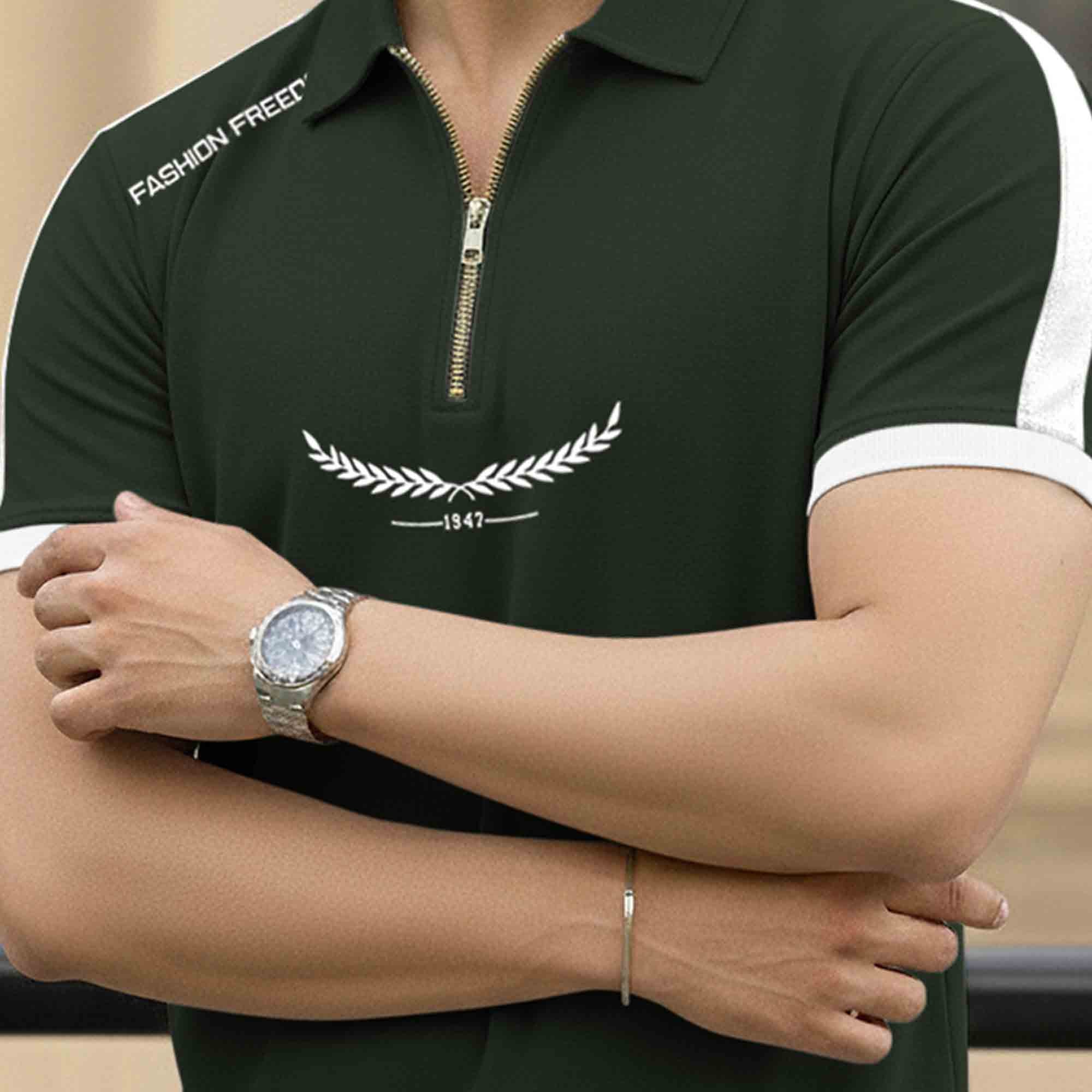 Men Quarter Zip Polo Neck Half Sleeve T-SHIRT Olivegreen & White