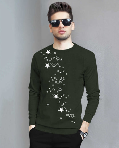 Men Full Sleeve Star Printed Round Neck Black T-Shirt