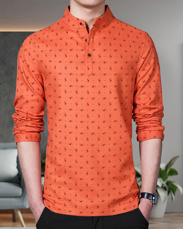 Men Printed Cotton Blend Straight Kurta / Orange