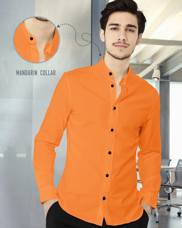 MEN PLAIN ORANGE MANDARIN COLLAR FULL HAND SHIRT