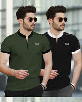 Mens Henely Neck Half Sleeve T-shirts (Pack Of 2) / Dark Green & Black